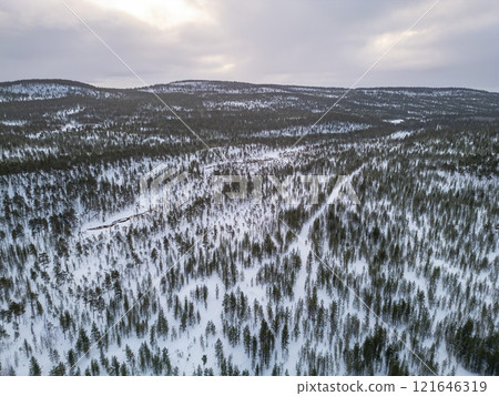 lapland winter aerial Inari Nellim frozen lakes and forest landscape panorama lapland winter aerial Inari Nellim frozen lakes and forest landscape panorama 121646319