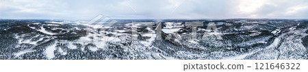 huge 360 degrees lapland winter aerial Inari Nellim frozen lakes and forest landscape panorama 121646322