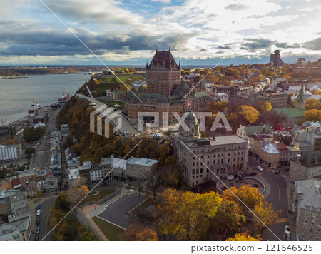 Aerial view of Quebec City Old Town in the fall season sunset time. Aerial view of Quebec City Old Town in the fall season sunset time. 121646525