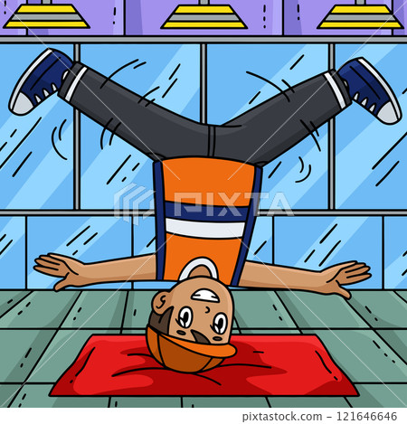 Breakdance B Boy doing a Head Spin Colored Cartoon Breakdance B Boy doing a Head Spin Colored Cartoon 121646646
