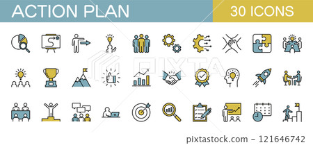 與行動計劃、業務和目標實現相關的圖標集顏色 121646742