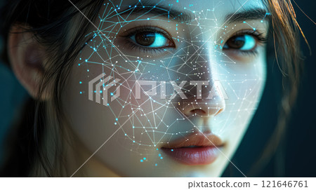 Close-up of asian woman with digital facial recognition technology overlay highlighting network of glowing nodes for security and innovation 121646761