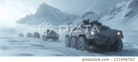 Armored vehicles traverse snowy terrain in cold mountainous landscape underneath overcast skies with rugged peaks in remote winter wilderness 121646762