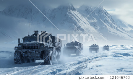 Rugged military trucks traverse snowy arctic landscape amidst majestic mountains reflecting harsh winter conditions and remote wilderness 121646763