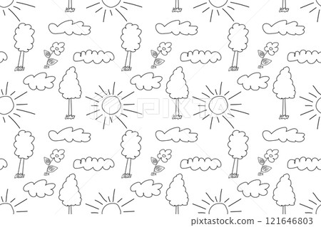 Trees, Sun, and Clouds Seamless Coloring Page Trees, Sun, and Clouds Seamless Coloring Page 121646803