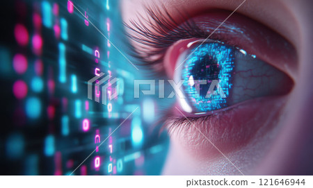 AI protection from disinformation concept. Cybernetic Eye Scanning Encrypted Data 121646944