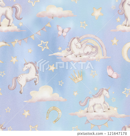 Watercolor seamless Pattern with Unicorns, clouds and stars on pastel blue background. Illustration for Baby girl textile or childish wallpaper. Ornament for princess wall art or wrapping paper. Watercolor seamless Pattern with Unicorns, clouds and stars on pastel blue background. Illustration for Baby girl textile or childish wallpaper. Ornament for princess wall art or wrapping paper. 121647178