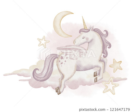 Watercolor flying Unicorn with pastel stars, clouds, and a crescent moon illustration. Illustration of Pegasus for children designs, girls nursery or childish posters. Drawing for baby shower cards. Watercolor flying Unicorn with pastel stars, clouds, and a crescent moon illustration. Illustration of Pegasus for children designs, girls nursery or childish posters. Drawing for baby shower cards. 121647179