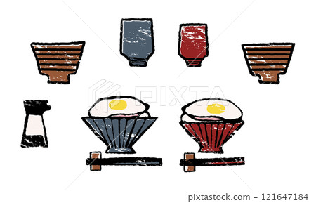 Illustration of two servings of rice with fried eggs, miso soup, tea and soy sauce (print style) 121647184