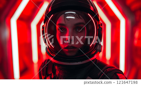 Futuristic black suit worn by woman on vibrant red glowing spaceship background. Generative AI 121647198