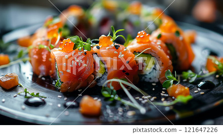 Fresh sushi rolls artfully arranged on black plate with vibrant garnishes. Generative AI 121647226