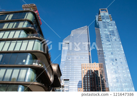 Historic buildings on one of the iconic streets in New York City, Manhattan reportage photography, modern cityscape, famous skyscrapers, Manhattan, NYC, NY, USA 121647386
