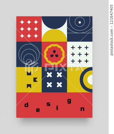 Neo geo poster. Abstract color card. Minimal figures collage. Bright squares. Flat stars and crosses. Bauhaus block shapes. Modern geometric composition. Circle forms. Vector brutalist banner design 121647405