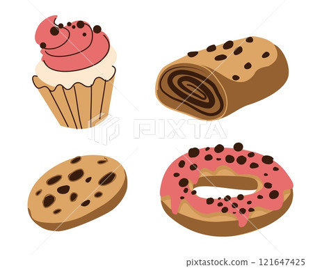 Bakery cake. Sweet dessert. Chocolate cookie. Donut with icing glaze. Yummy food. Cupcake and delicious pie. Baking dough snacks. Pastry cooking. Tasty roll muffin. Cafe menu. Vector confectionery set 121647425