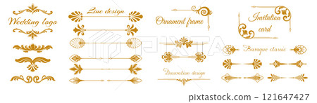 Ornament frame. Decoration floral classic design, wedding logo isolated golden element. Border collection, line royal corners. Motif gold, Baroque style. Curl graphics, divider. Vector calligraphy 121647427