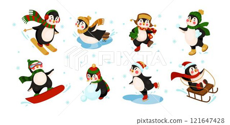 Penguin winter games. Cartoon character on ski or skateboard. Antarctic bird riding on sled. Mountain downhill skiers. Happy kids. Xmas outdoor playing. Animal making snowman. Snow sports vector set Penguin winter games. Cartoon character on ski or skateboard. Antarctic bird riding on sled. Mountain downhill skiers. Happy kids. Xmas outdoor playing. Animal making snowman. Snow sports vector set 121647428