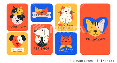 Logo pet. Cat, dog sign. Heart accompany animal. Symbol veterinary and shop, house fosterling. Clinic vet logotype, shelter adoption. Label design. Vector icon garish brand cartoon flat illustration Logo pet. Cat, dog sign. Heart accompany animal. Symbol veterinary and shop, house fosterling. Clinic vet logotype, shelter adoption. Label design. Vector icon garish brand cartoon flat illustration 121647433