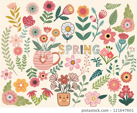 Collection of spring Flower with leaves, floral bouquets Collection of spring Flower with leaves, floral bouquets 121647601