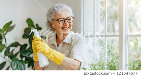 Elderly silver haired woman cleaning window with cloth in bright sunny room, spring cleaning concept 121647677