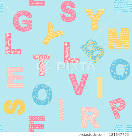ABC seamless pattern in simple cartoon style. Cute alphabet print - hand drawn childish seamless pattern design 121647793