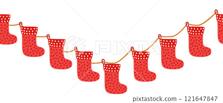 Merry Christmas seamless horizontal banner with candy cane, gingerbread, Christmas boot, flat illustration. Merry Christmas seamless horizontal banner with candy cane, gingerbread, Christmas boot, flat illustration. 121647847