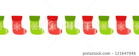 Merry Christmas seamless horizontal banner with candy cane, gingerbread, Christmas boot, flat illustration. Merry Christmas seamless horizontal banner with candy cane, gingerbread, Christmas boot, flat illustration. 121647848