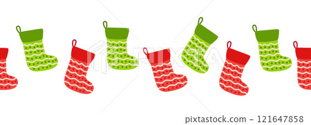 Merry Christmas seamless horizontal banner with candy cane, gingerbread, Christmas boot, flat illustration. 121647858