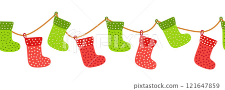 Merry Christmas seamless horizontal banner with candy cane, gingerbread, Christmas boot, flat illustration. Merry Christmas seamless horizontal banner with candy cane, gingerbread, Christmas boot, flat illustration. 121647859