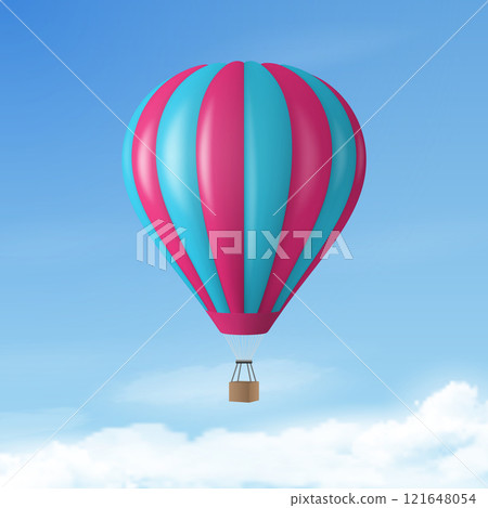 Vector Travel Banner with 3d Realistic Hot Air Balloon Icon on a Blue Sky Background. Design Template, Summer Vacation, Travelling, Tourism and Journey Concept 121648054