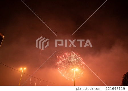 Budapest,Hungary. August 27,2022. To celebrate the Hungarian National Day, a massive fireworks display is performed in Budapest over the Danube. In the background, Buda Castle. Budapest,Hungary. August 27,2022. To celebrate the Hungarian National Day, a massive fireworks display is performed in Budapest over the Danube. In the background, Buda Castle. 121648119