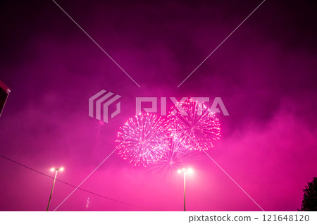 Budapest,Hungary. August 27,2022. To celebrate the Hungarian National Day, a massive fireworks display is performed in Budapest over the Danube. In the background, Buda Castle. Budapest,Hungary. August 27,2022. To celebrate the Hungarian National Day, a massive fireworks display is performed in Budapest over the Danube. In the background, Buda Castle. 121648120