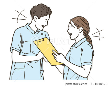 Smiling male and female medical workers having a conversation 121648320