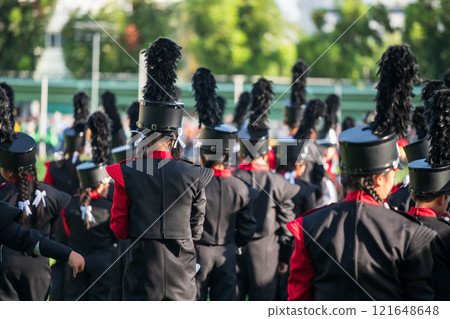 Rear school marching band in formal uniform in sport day Rear school marching band in formal uniform in sport day 121648648