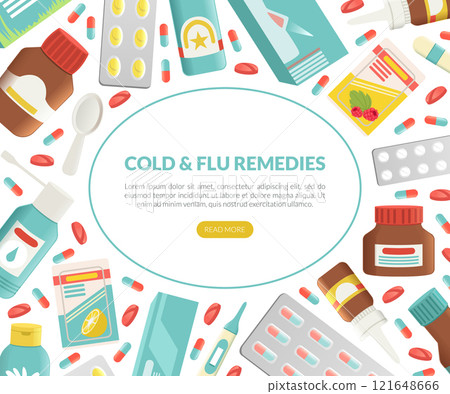 Cold and Flu Remedy with Pills and Medicine Landing Page Vector Template 121648666