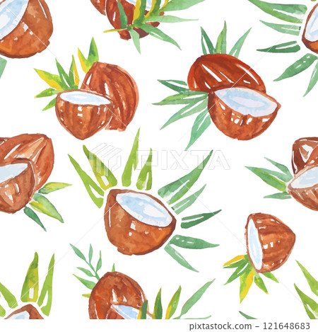 Watercolor Coconut and Tropical Leaves Vector Seamless Pattern Template 121648683