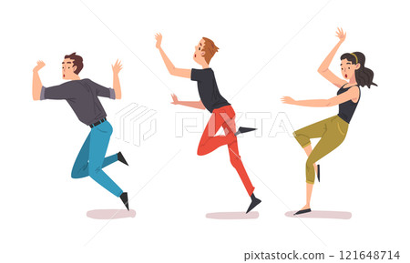 Set of falling people. Slipping men and woman with frightened face expression cartoon vector illustration 121648714
