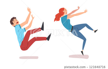 People falling down set. Stumbling and slipping man and woman, pain and injury cartoon vector illustration 121648716