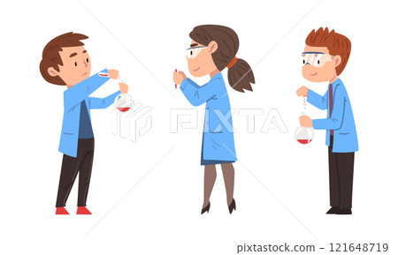 Children chemists in lab coats conducting experiments in scientific laboratory set cartoon vector illustration 121648719