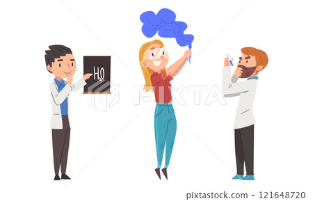 Chemists conducting experiments in scientific laboratory set cartoon vector illustration 121648720