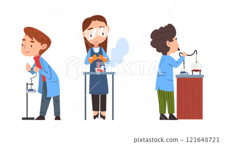 Chidlren scientists in lab coat doing scientific research in laboratory cartoon vector illustration 121648721
