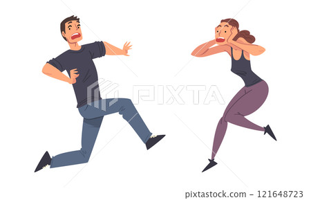 Frightened and panicked people set. Emotional stressed man and woman cartoon vector illustration 121648723