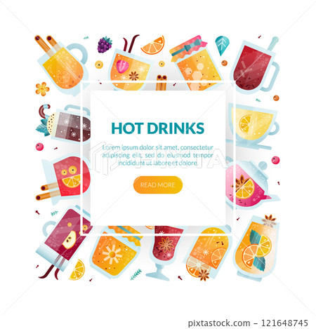 Hot Fruit Drinks in Glass with Mulled Wine and Honey Jar Vector Design Template 121648745