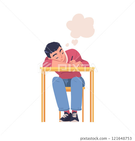 Man Character Daydreaming Imagining and Fantasizing Having Spontaneous Thought in Bubble Sitting at Desk and Writing Vector Illustration Man Character Daydreaming Imagining and Fantasizing Having Spontaneous Thought in Bubble Sitting at Desk and Writing Vector Illustration 121648753