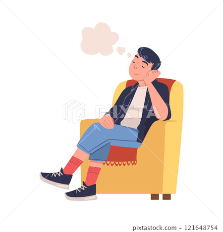 Man Character Daydreaming Imagining and Fantasizing Having Spontaneous Thought in Bubble Sitting in Armchair Vector Illustration Man Character Daydreaming Imagining and Fantasizing Having Spontaneous Thought in Bubble Sitting in Armchair Vector Illustration 121648754