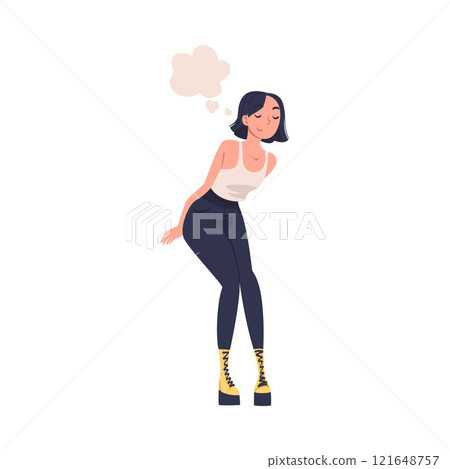 Standing Woman Character Daydreaming Imagining and Fantasizing Having Spontaneous Thought in Bubble Vector Illustration 121648757