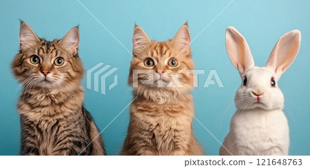 Cute animal trio on blue background, two cats and rabbit, for pet related themes and humorous designs 121648763