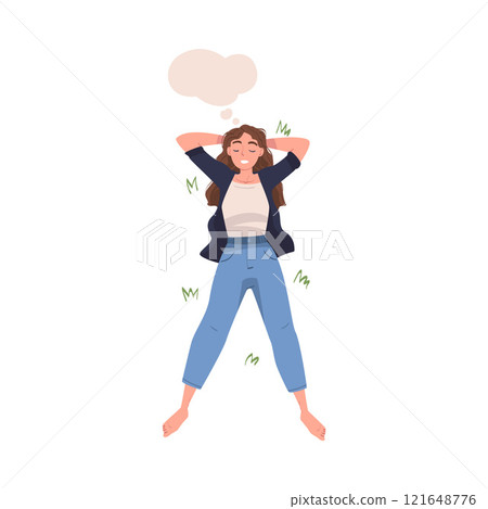 Woman Character Dreaming Imagining and Fantasizing Having Spontaneous Thought in Bubble Lying on Grass Above View Vector Illustration Woman Character Dreaming Imagining and Fantasizing Having Spontaneous Thought in Bubble Lying on Grass Above View Vector Illustration 121648776