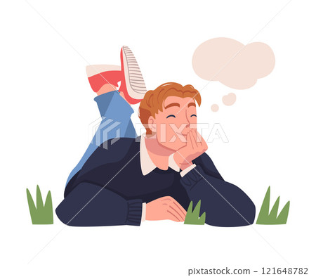 Man Character Dreaming Imagining and Fantasizing Having Spontaneous Thought in Bubble Lying on Grass Vector Illustration 121648782
