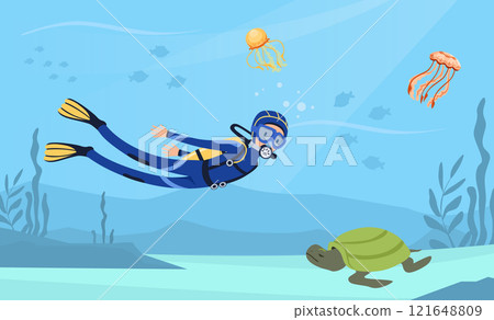 Man Character in Diving Suit and Goggles Swimming Underwater Vector Illustration Man Character in Diving Suit and Goggles Swimming Underwater Vector Illustration 121648809