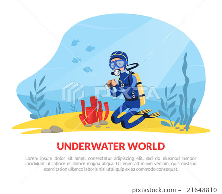 Landing Page with Man Character in Diving Suit and Goggles Swimming Underwater Taking Photo with Camera Vector Template 121648810